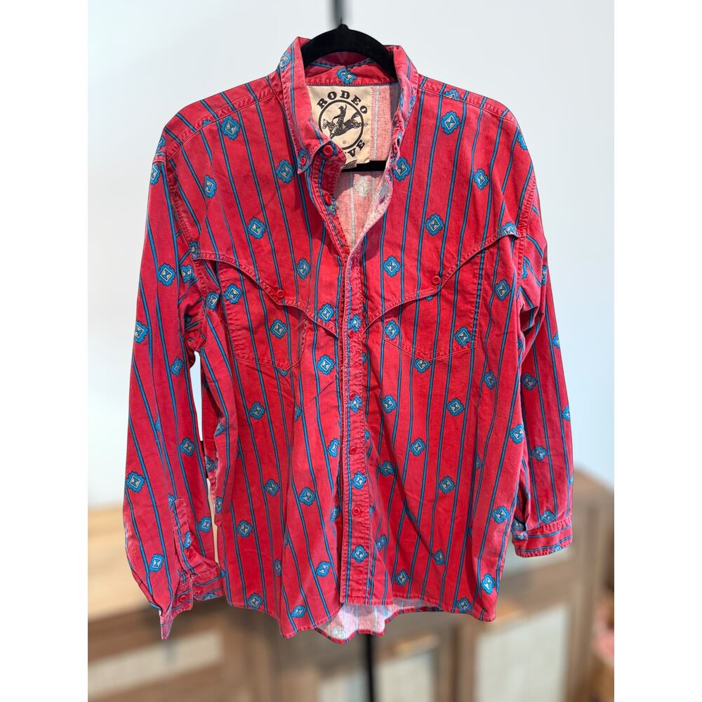 Vintage Rodeo Active Striped Long Sleeve Button Down Shirt Red Blue Size Medium